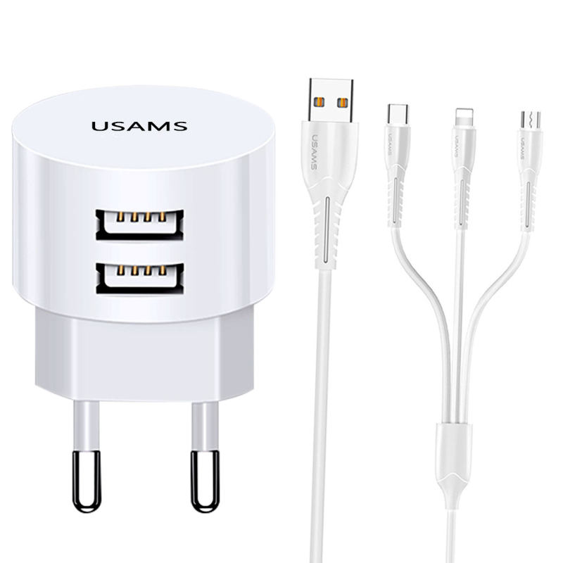 سری شارژر دو پورت یوسمز مدل USM به همراه کابل تبدیل یو اس بی / لایتنینگ/ میکرو